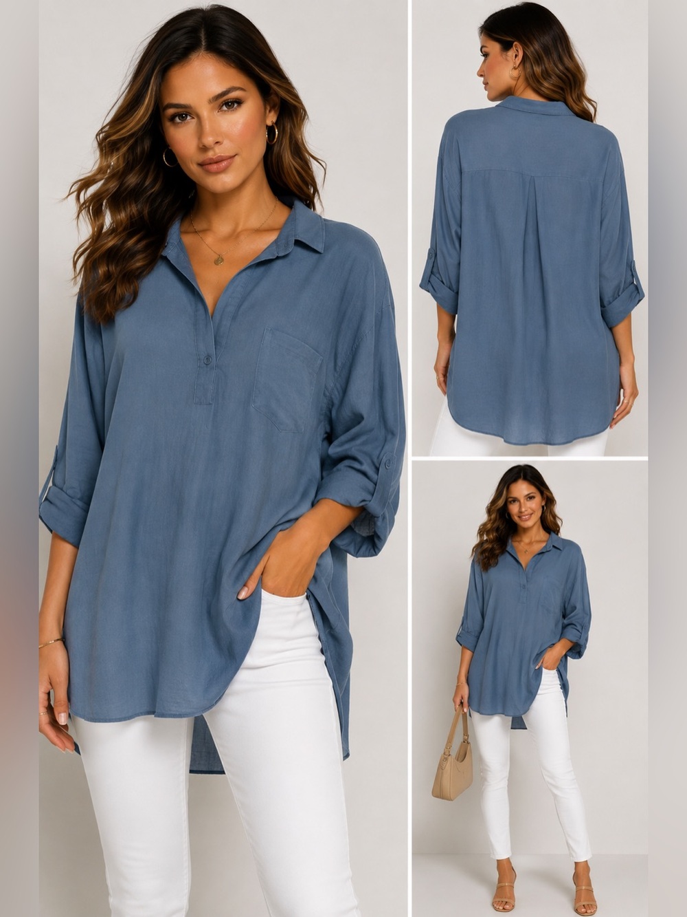 Risen Los Angeles Steel Blue Oversized Tunic Blouse Top Medium NWT
